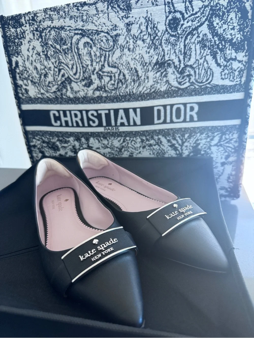 kate spade New York Black Pointed-Toe Logo Strap Flats